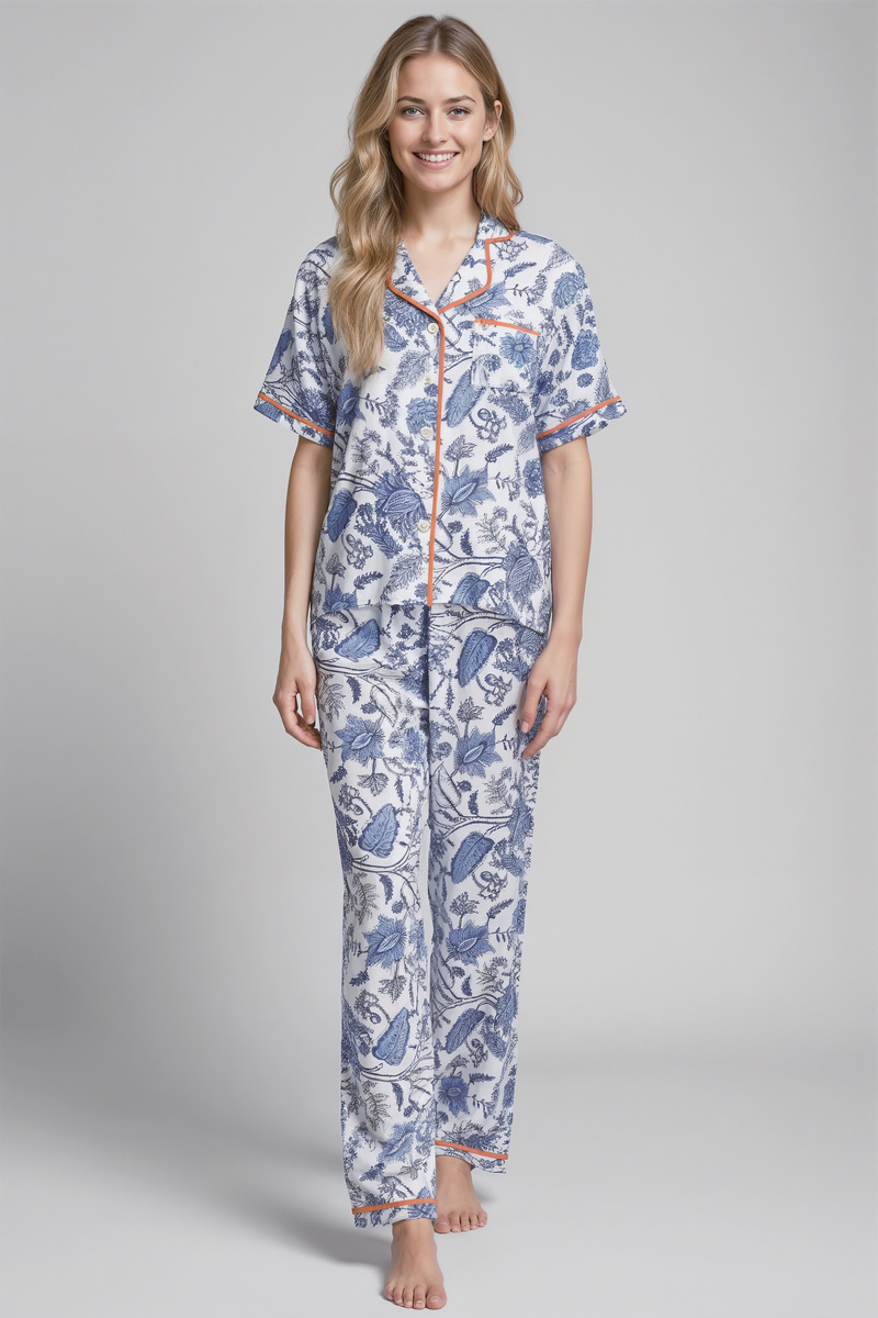 ATRANI Wzorzysta Piżama Damska Koszulowa z Długimi Spodniami, pomarańcz
