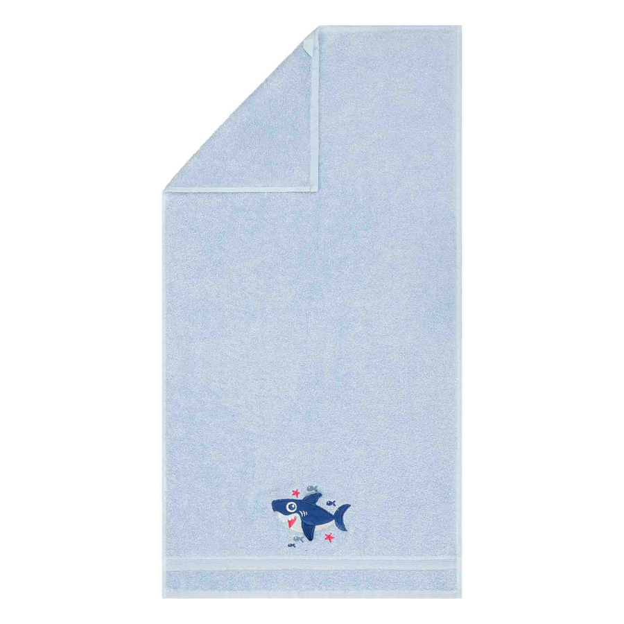 Błękitny gruby ręcznik dziecięcy model rekinek Spod Igły i Nitki – doskonała chłonność