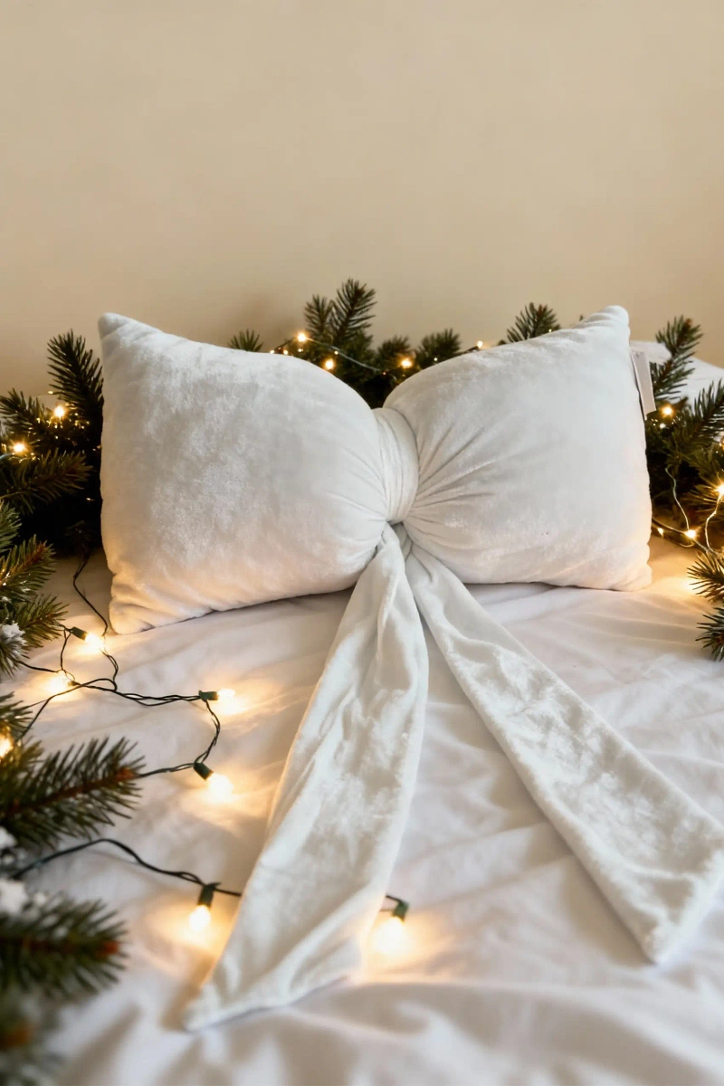 Biała welwetowa poduszka dekoracyjna 40x23 cm kokarda Spod Igły i Nitki – świąteczna metamorfoza