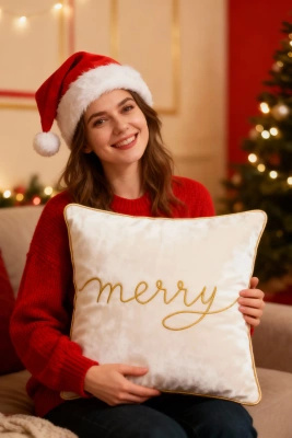 Biała świąteczna welwetowa poszewka dekoracyjna 45×45 cm MERRY Spod Igły i Nitki – elegancka metamorfoza.