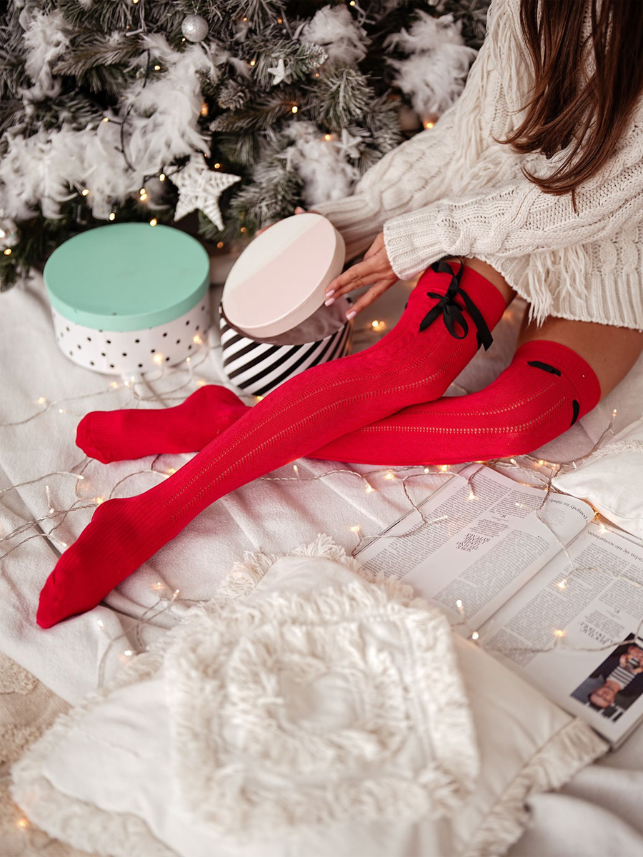 Zakolanówki bawełniane ażurowe warkocz ze wstążką