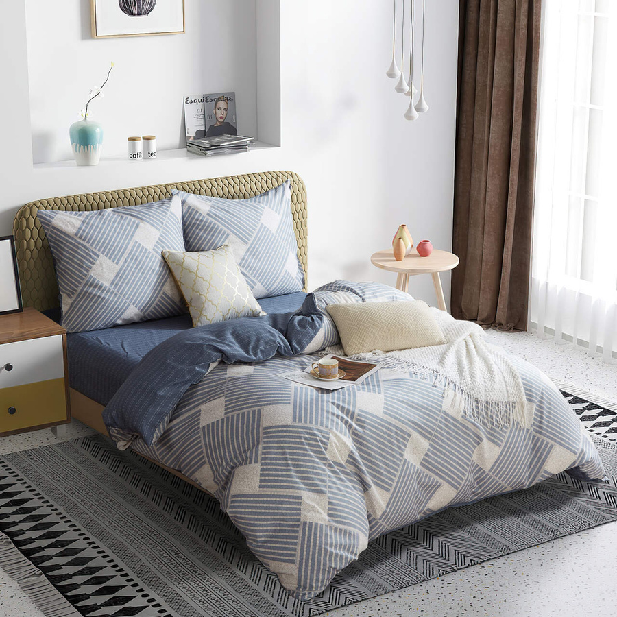 Niebieska elegancka pościel Satynowa geometryczna Spod Igły i Nitki – komfort snu