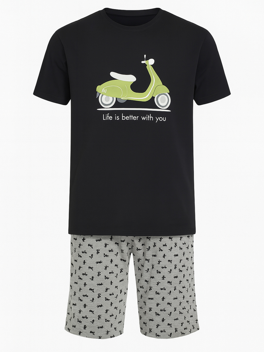 KENNY Krótka Piżama Męska Ze Skuterem, czarna