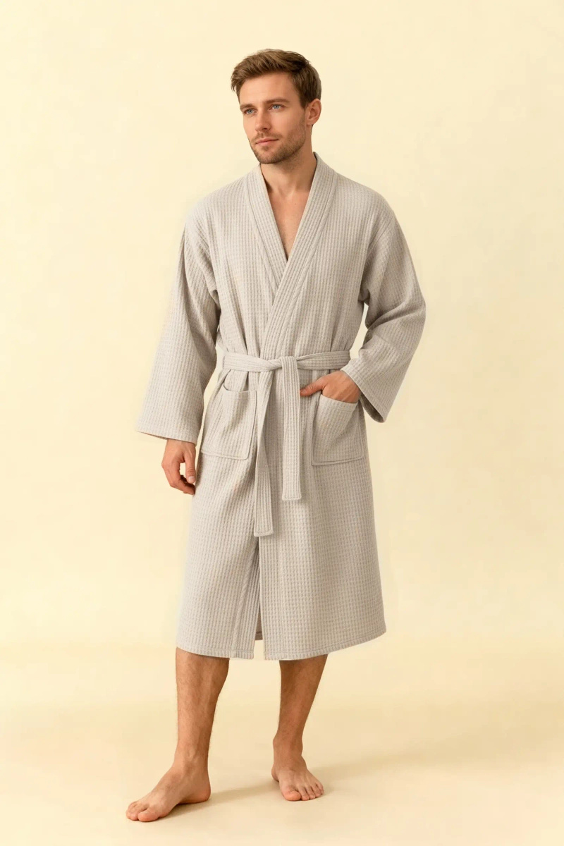 Szary szlafrok unisex kimono bawełna 280g WAFEL Spod Igły i Nitki – komfort i świeżość