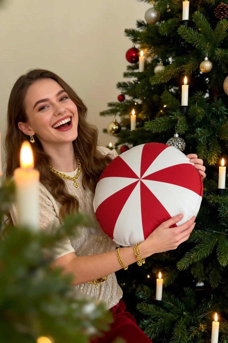 Czerwona aksamitna poduszka świąteczna 38x38 cm Candy Spod Igły i Nitki – świąteczny nastrój.