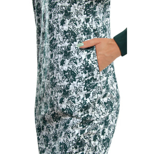 Bawełniana Koszula Nocna Długi rękaw kieszenie ściągacz JULIA LONG Kwiaty ciemna zieleń