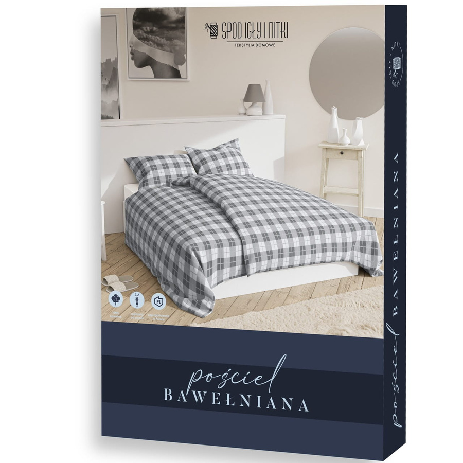 Szara bawełniana pościel damska 100% bawełna Krata Spod Igły i Nitki – komfort snu.