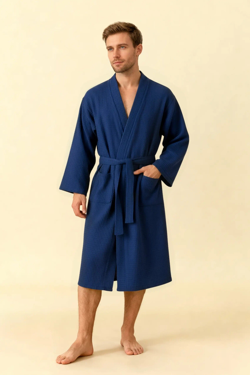 Granatowy unisex szlafrok z kołnierzem kimono gramatura 280 g/m² WAFEL Spod Igły i Nitki – komfort w domu i spa