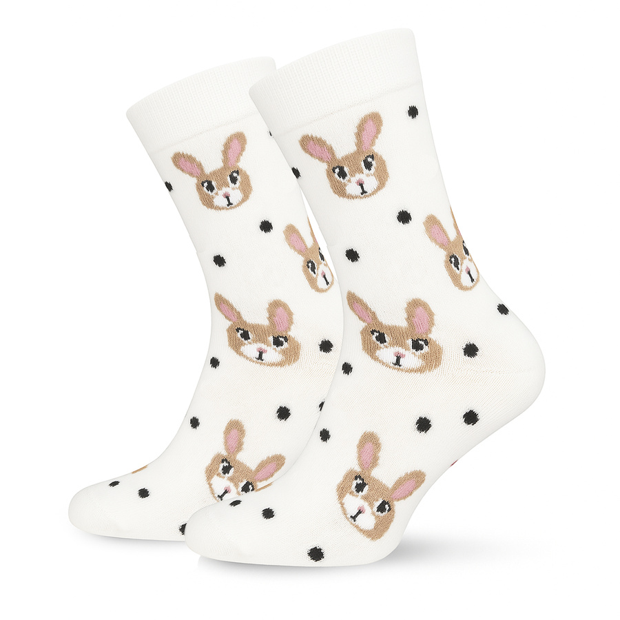 Ecru bawełniane skarpety damskie Króliki i kropki Milena – komfort na co dzień