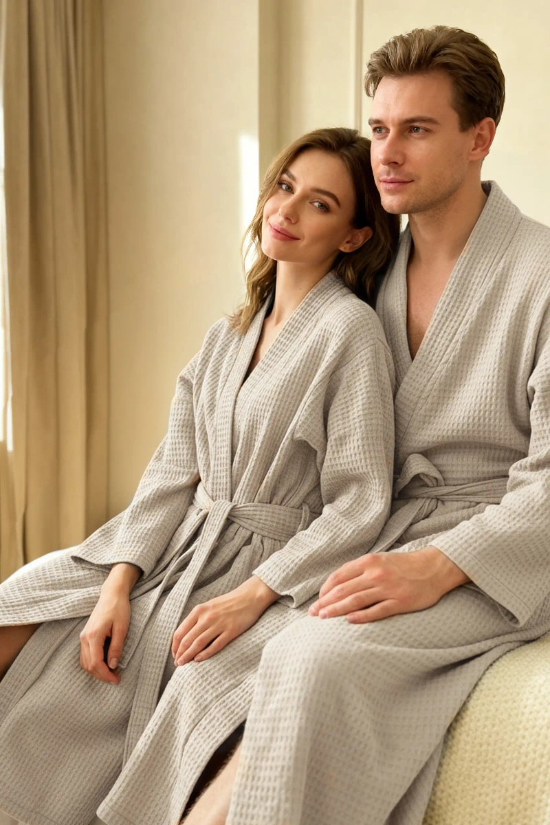 Szary szlafrok unisex kimono bawełna 280g WAFEL Spod Igły i Nitki – komfort i świeżość
