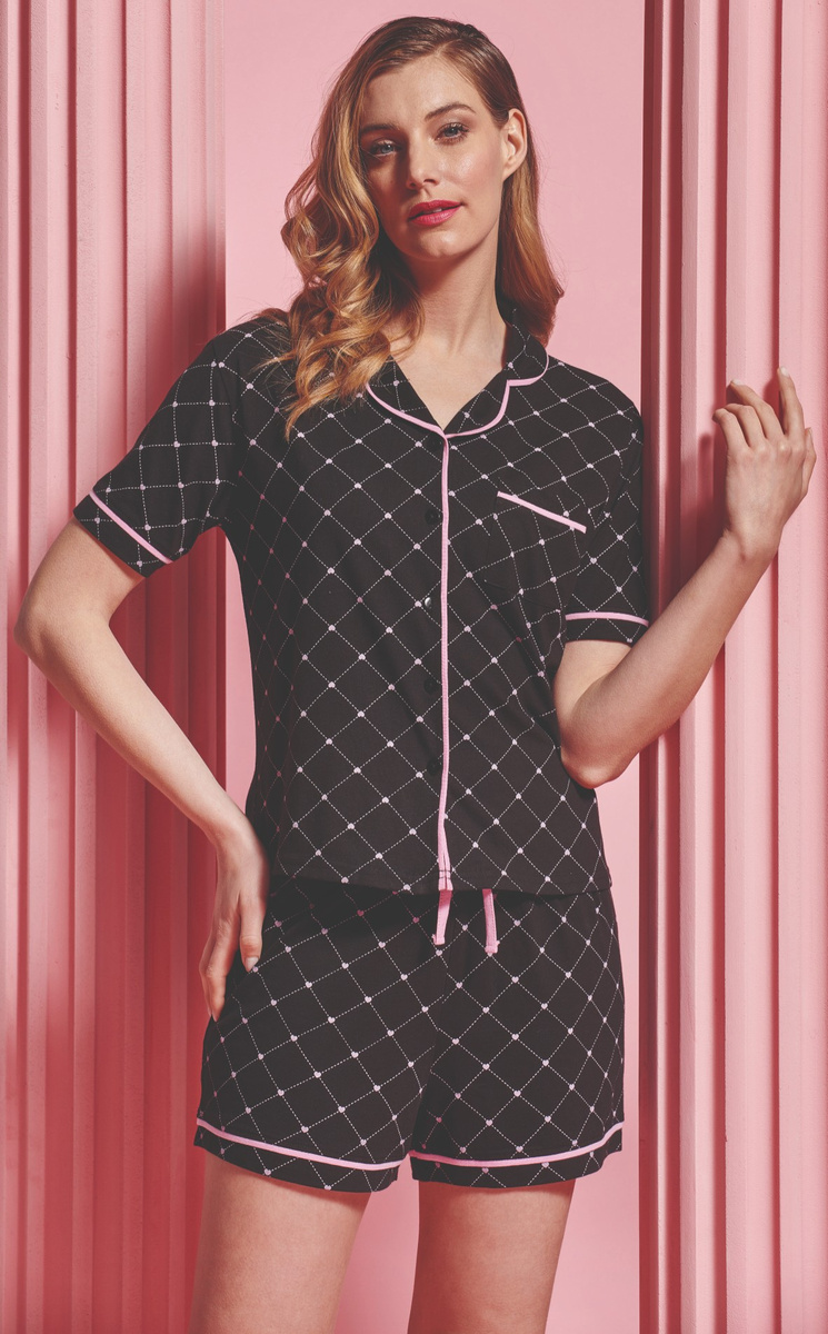 Czarna koszulowa piżama damska 100% bawełna z napisami Sorbetto – komfort na co dzień