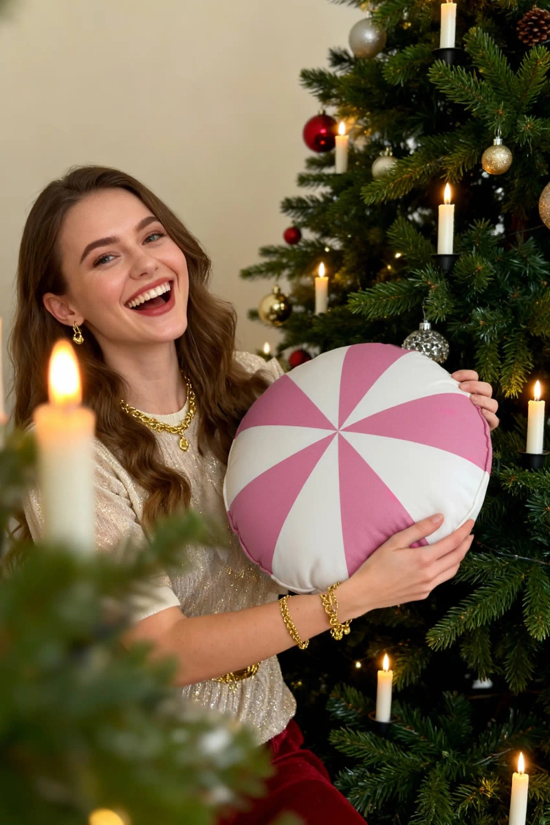 Różowa aksamitna poduszka świąteczna 38x38 cm Cukierek Spod Igły i Nitki – świąteczny urok.