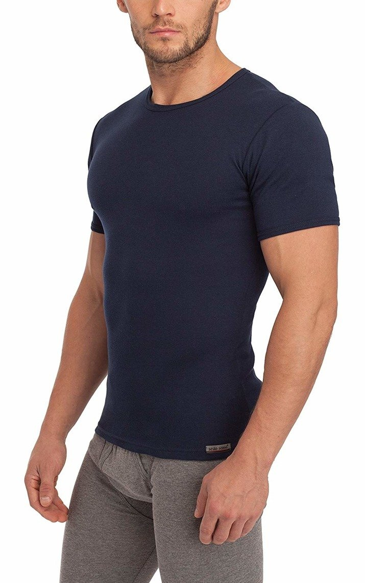 Granatowa gładka koszulka męska 100% bawełna Art. 112 Sesto Senso – komfort na co dzień