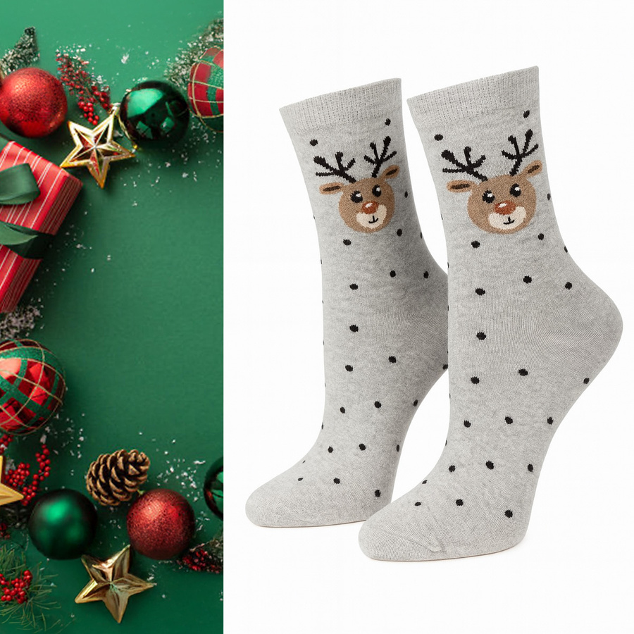 Skarpetki damskie świąteczne Renifery i kropki 1283.033, Kolor Ecru, Rozmiar 37-41