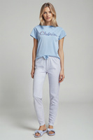 JULIANA Długa Piżama Damska z Ażurowym Haftem w Paski, niebieska