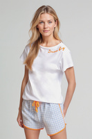 SUNARI Krótka Piżama Damska z Pomarańczowym Haftem 100% Bawełna, niebieska