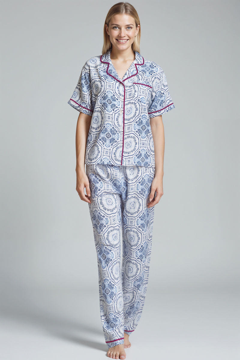 Niebieska florystyczna piżama damska 100% wiskoza Atrani Sorbetto – komfort i styl.