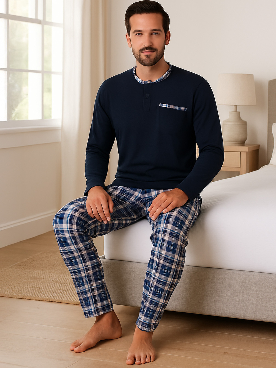 Piżama Męska Długi Rękaw 100% Bawełna