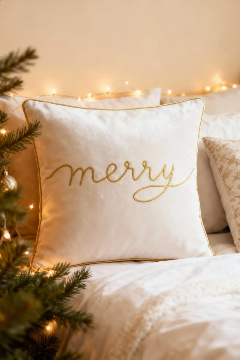 Biała świąteczna welwetowa poszewka dekoracyjna 45×45 cm MERRY Spod Igły i Nitki – elegancka metamorfoza.