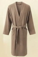 Ciemny beż szlafrok unisex z kołnierzem kimono 280 g/m² WAFEL Spod Igły i Nitki – oddychająca bawełna