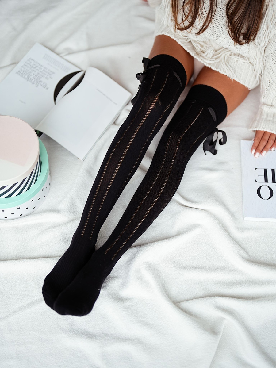 Zakolanówki bawełniane ażurowe warkocz ze wstążką