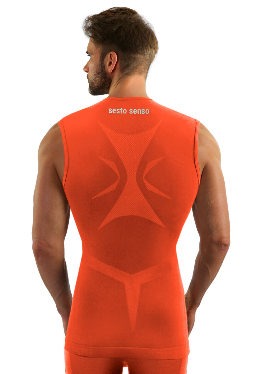 Pomarańczowa bezszwowa koszulka termoaktywna męska bez rękawów CL38 Sesto Senso – komfort treningu