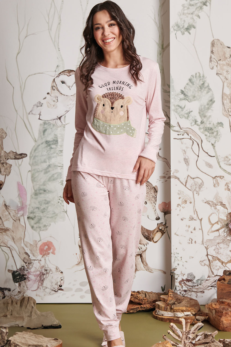 Różowa piżama damska z aplikacją 3D, 50% bawełna, jersey – Sorbetto – komfortowy sen