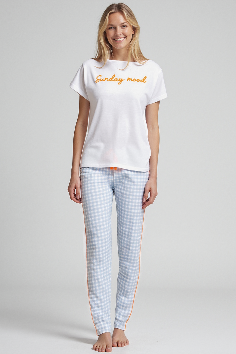 DANA Długa Piżama Damska z Haftem 100% Bawełna, niebieska