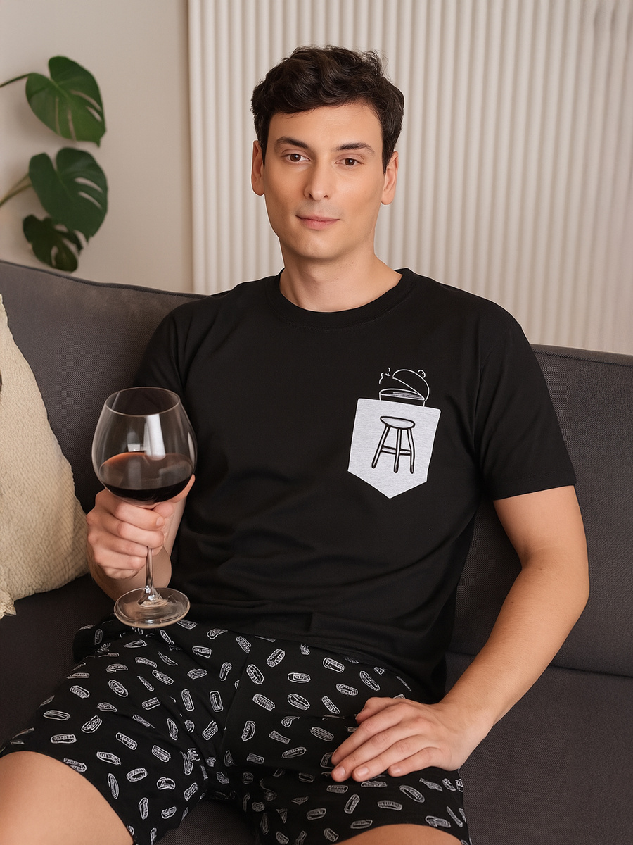 GIANNY Krótka Piżama Męska z Nadrukiem, czarna