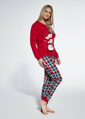 Świąteczna Piżama damska czerwona spodnie w kratkę Snowman 671 Cornette