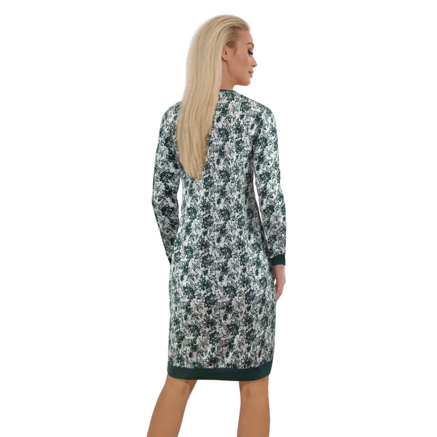 Bawełniana Koszula Nocna Długi rękaw kieszenie ściągacz JULIA LONG Kwiaty ciemna zieleń