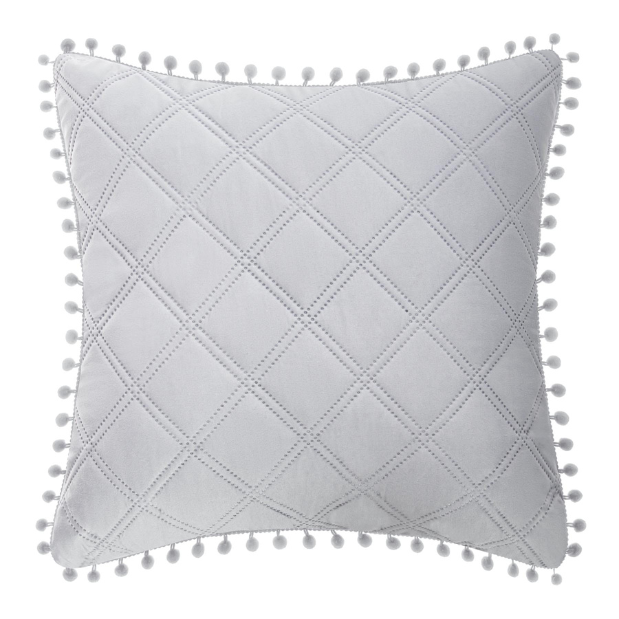 Szara pikowana poszewka dekoracyjna z pomponami Spod Igły i Nitki – upiększa sypialnię