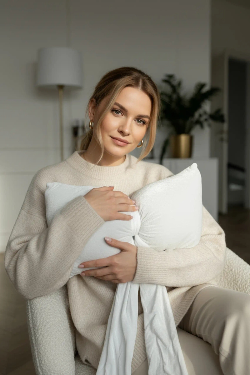 Biała welwetowa poduszka dekoracyjna 40x23 cm kokarda Spod Igły i Nitki – świąteczna metamorfoza