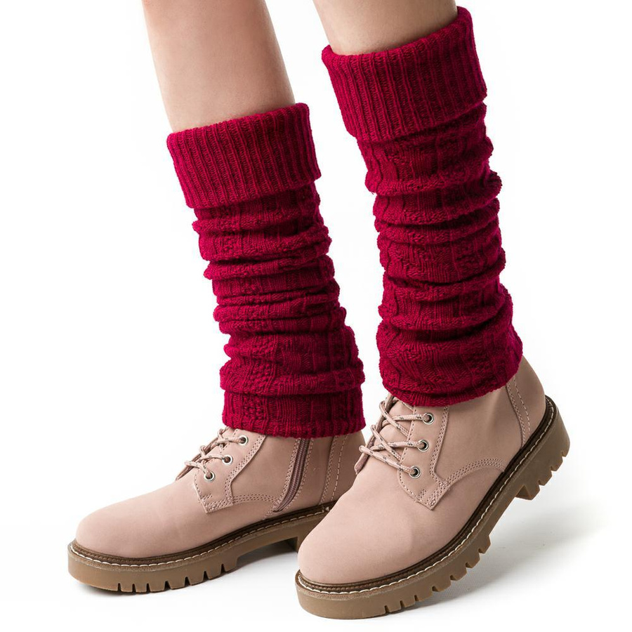 Bordowe getry wełniane damskie wygodne ocieplacze Warkocz Steven - idealne na sezon jesienno-zimowy