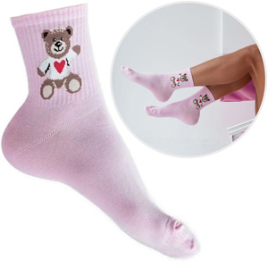 Różowe skarpetki damskie Walentynkowy Miś 75% bawełna Milena – idealne na prezent