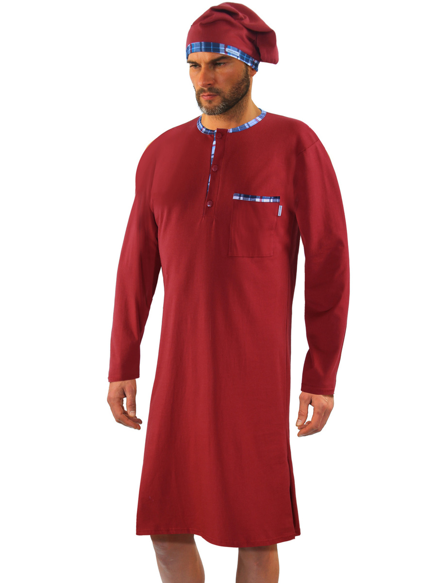 Bordowa koszula nocna męska ze szlafmycą 100% bawełna Sesto Senso – całoroczny komfort