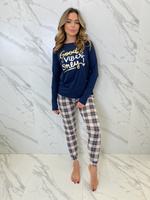 BESSY Długa Piżama Damska z Aplikacją i Spodniami w Kratę, granat