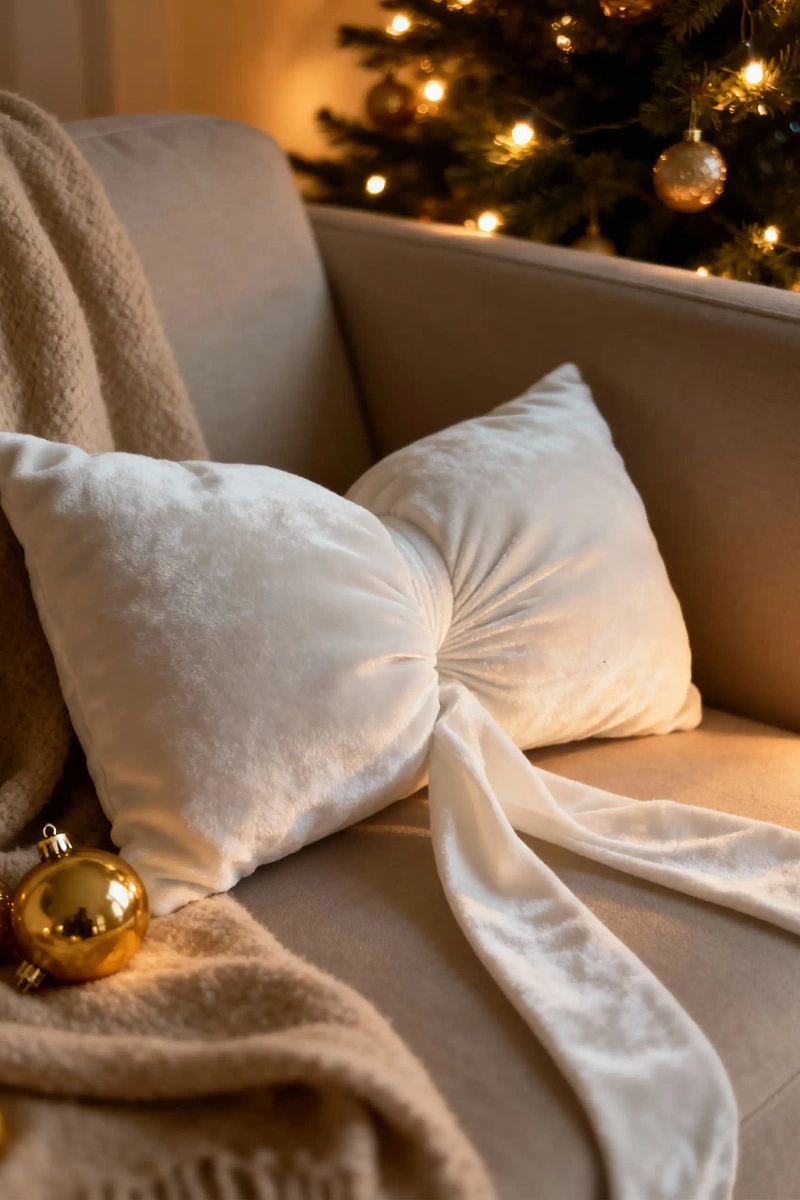 Biała welwetowa poduszka dekoracyjna 40x23 cm kokarda Spod Igły i Nitki – świąteczna metamorfoza