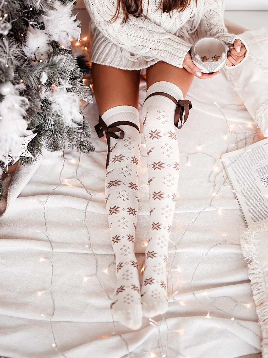 Zakolanówki Damskie Świąteczne ze Wstążką