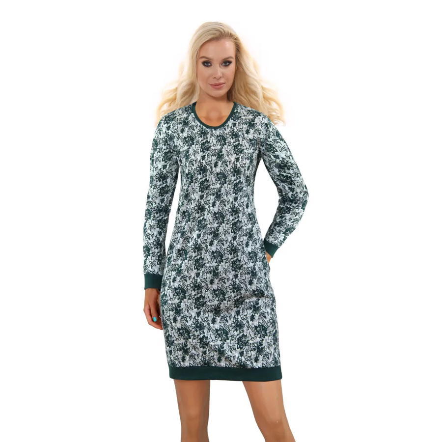 Bawełniana Koszula Nocna Długi rękaw kieszenie ściągacz JULIA LONG Kwiaty ciemna zieleń