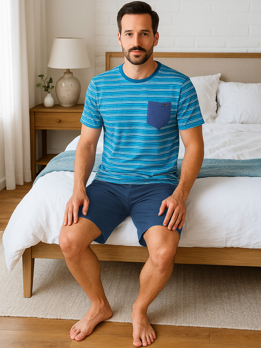 Modna piżama męska beMen 100% bawełna, krótkie rękawy i spodenki – wygoda w domu