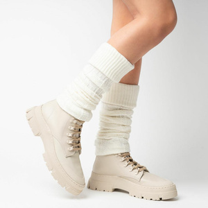 Ecru getry wełniane damskie wygodne ocieplacze Warkocz Steven - idealne na sezon jesienno-zimowy