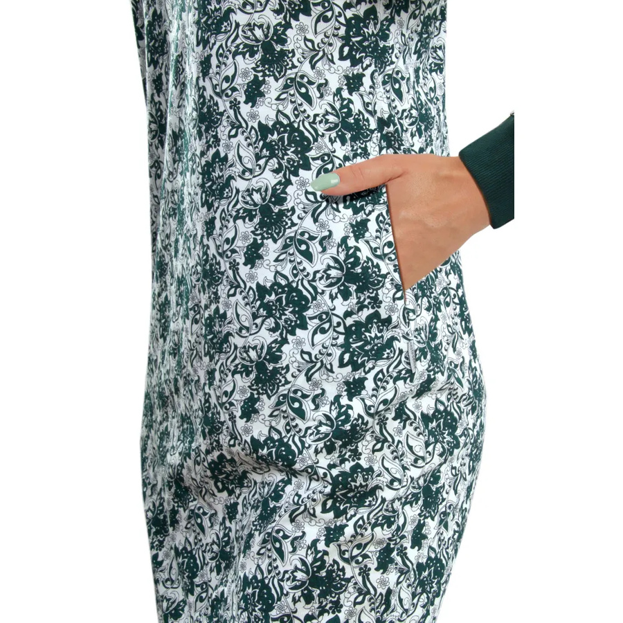 Bawełniana Koszula Nocna Długi rękaw kieszenie ściągacz JULIA LONG Kwiaty ciemna zieleń