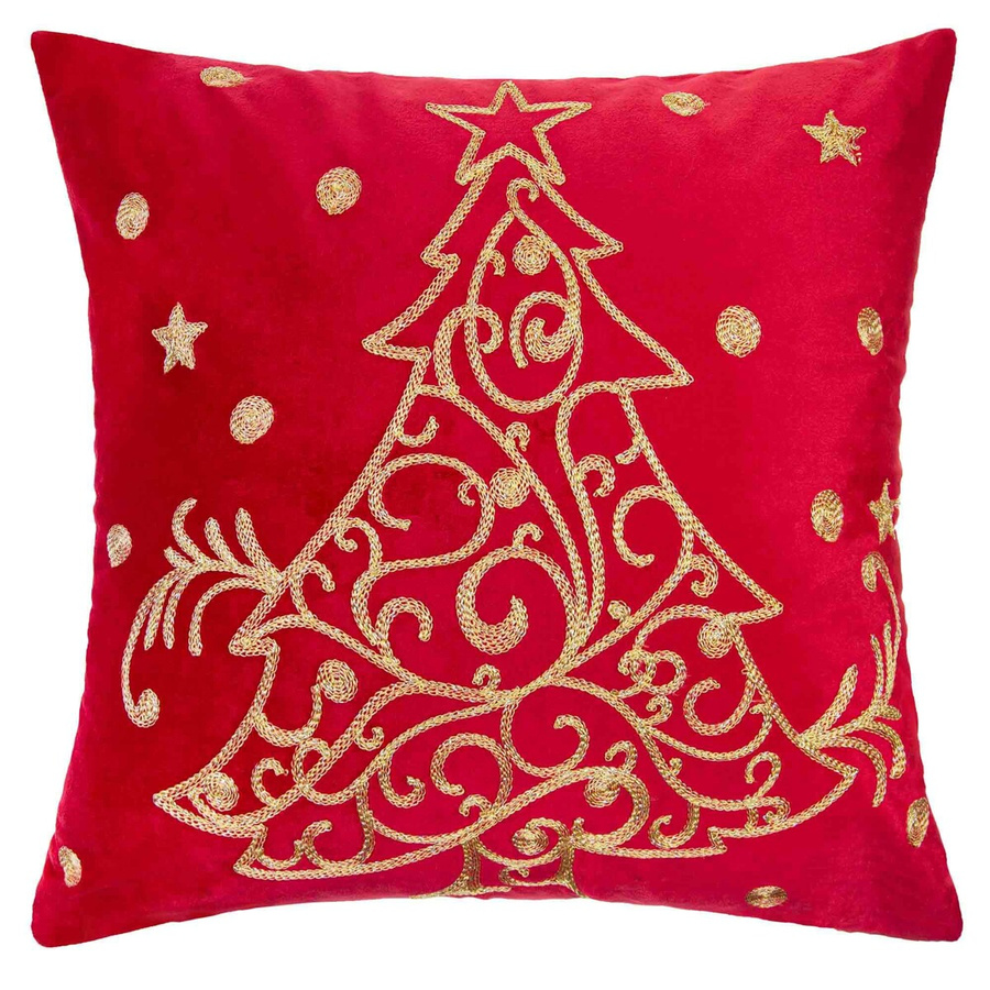 Czerwono-złota poszewka dekoracyjna 45x45 z zamkiem Spod Igły i Nitki – świąteczny klimat.