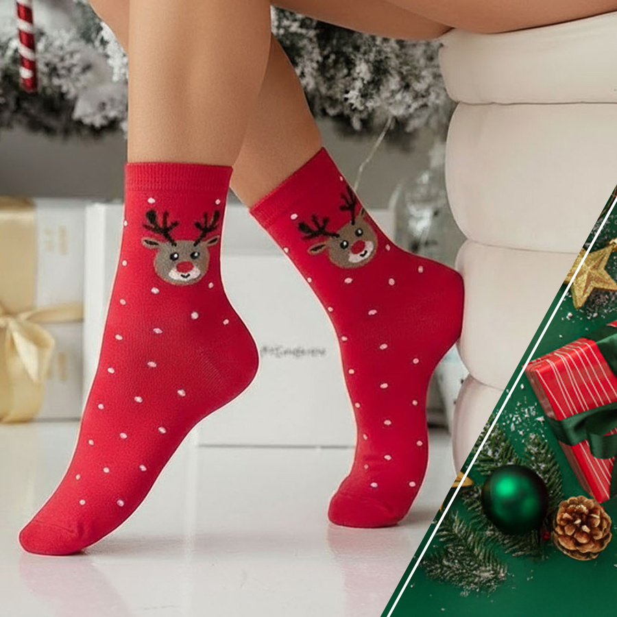 Skarpetki damskie świąteczne Renifery i kropki 1283.033, Kolor Ecru, Rozmiar 37-41