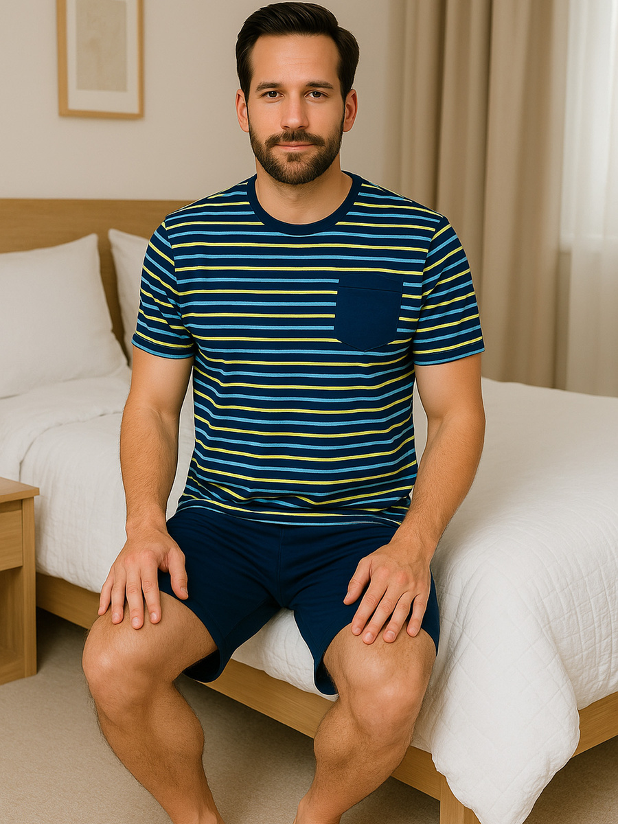 Modna piżama męska beMen 100% bawełna, krótkie rękawy i spodenki – wygoda w domu