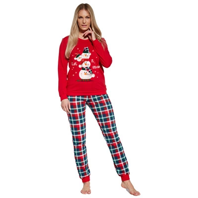 Świąteczna Piżama damska czerwona spodnie w kratkę Snowman 671 Cornette